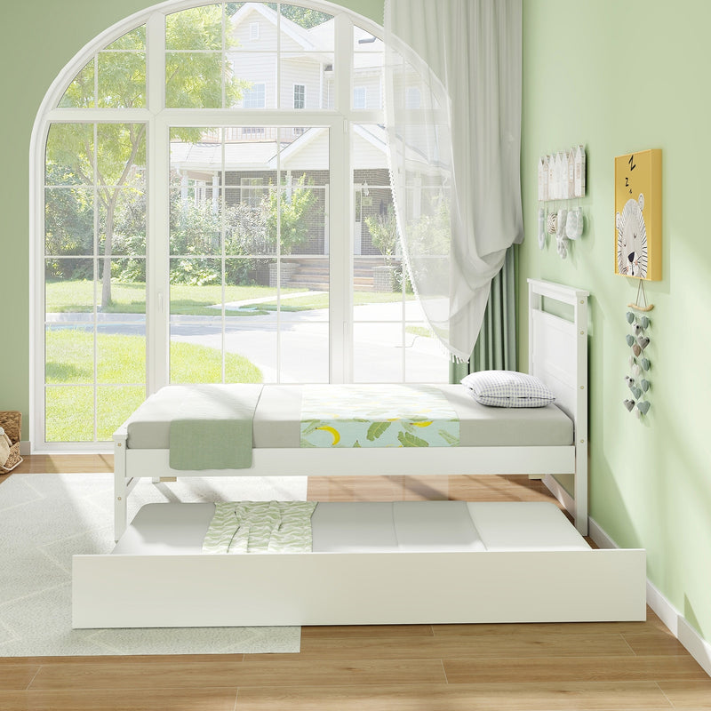 Twin Size Wooden Bed Frame with Trundle for Teens and Adults-White