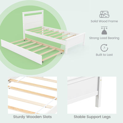 Twin Size Wooden Bed Frame with Trundle for Teens and Adults-White