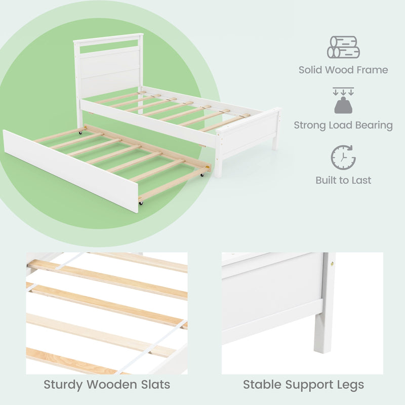 Twin Size Wooden Bed Frame with Trundle for Teens and Adults-White