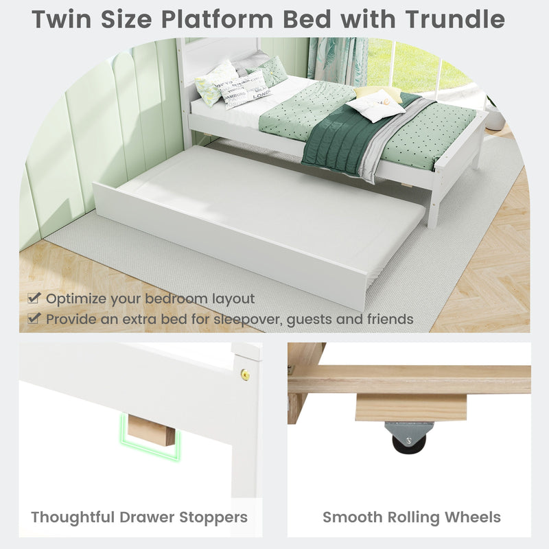 Twin Size Wooden Bed Frame with Trundle for Teens and Adults-White