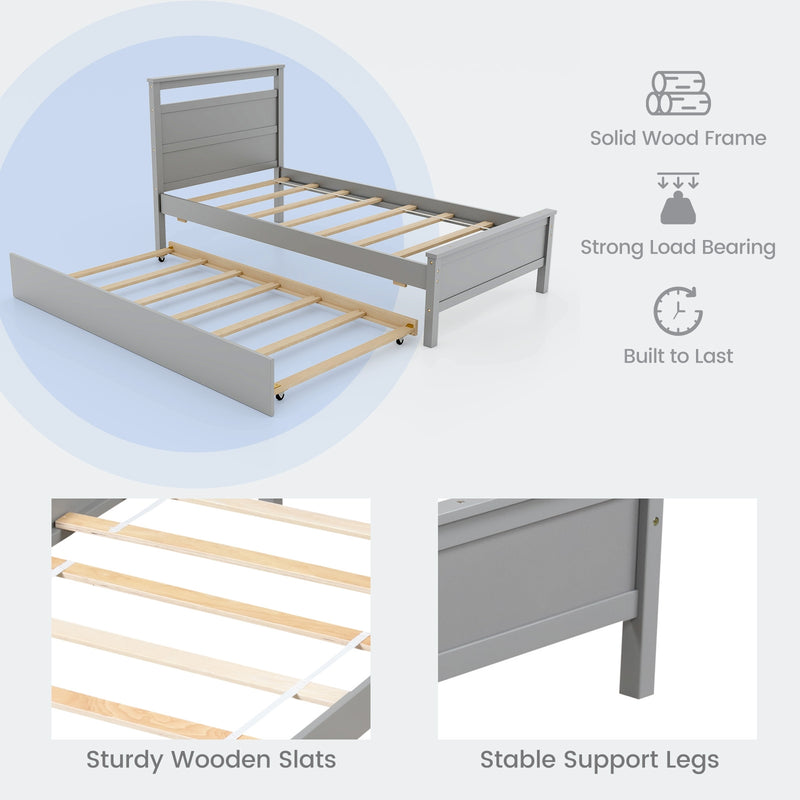 Twin Size Wooden Bed Frame with Trundle for Teens and Adults-Gray