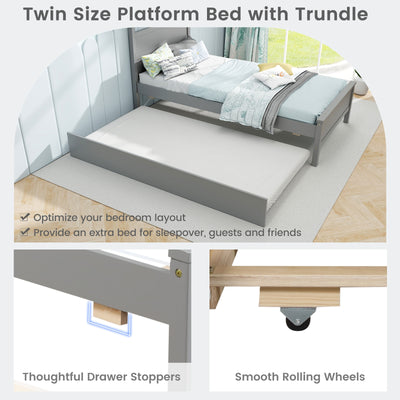 Twin Size Wooden Bed Frame with Trundle for Teens and Adults-Gray