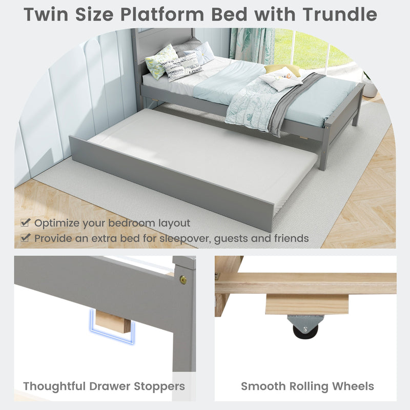 Twin Size Wooden Bed Frame with Trundle for Teens and Adults-Gray
