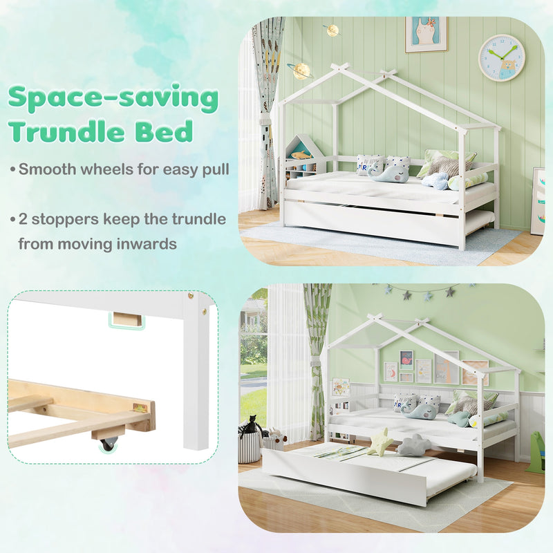 Kids Twin Size House Bed with Trundle and Roof-White