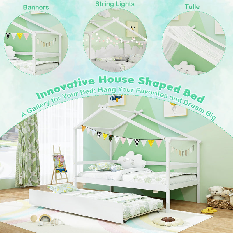 Kids Twin Size House Bed with Trundle and Roof-White