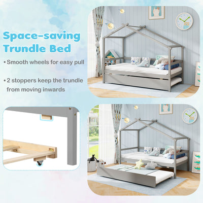 Kids Twin Size House Bed with Trundle and Roof-Gray