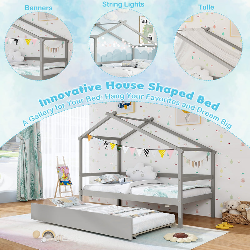 Kids Twin Size House Bed with Trundle and Roof-Gray