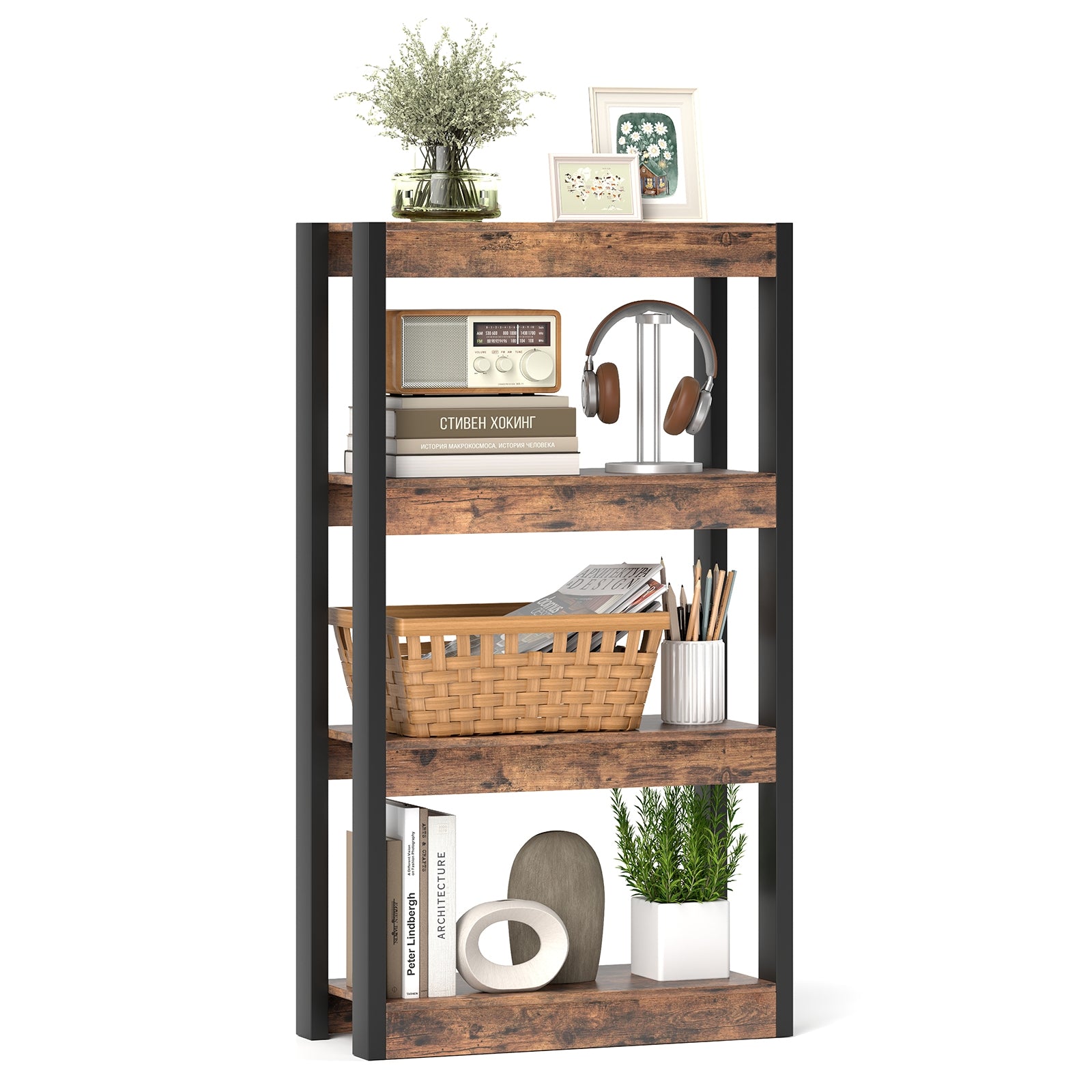 4 Tier Bookshelf Wooden Bookcase with Dual Anti-Tipping Kits-Rustic Br