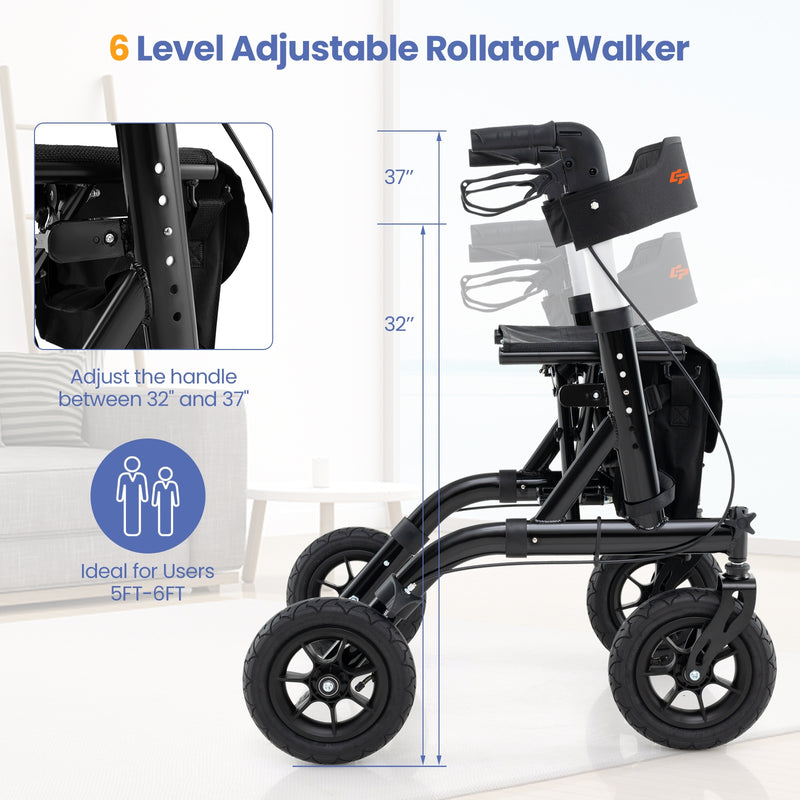 Height Adjustable Rollator Walker Foldable Rolling Walker with Seat for Seniors-Black