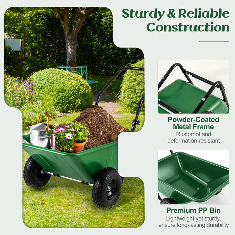 Dual-Wheel Wheelbarrow Garden Utility Cart with Pneumatic Tires-Green