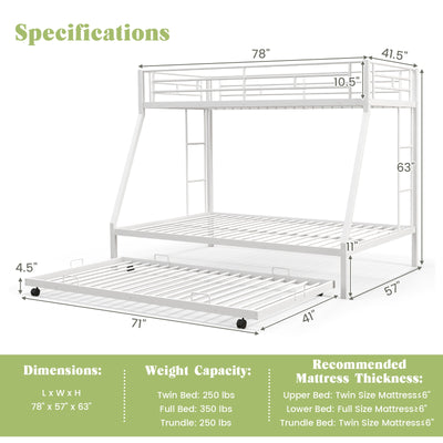 Twin Over Full Bunk Bed Frame with Trundle for Guest Room-White