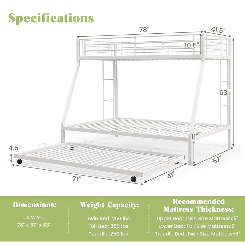 Twin Over Full Bunk Bed Frame with Trundle for Guest Room-White