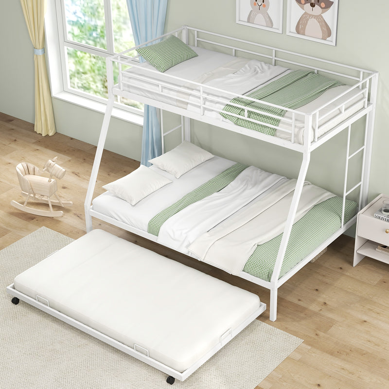 Twin Over Full Bunk Bed Frame with Trundle for Guest Room-White