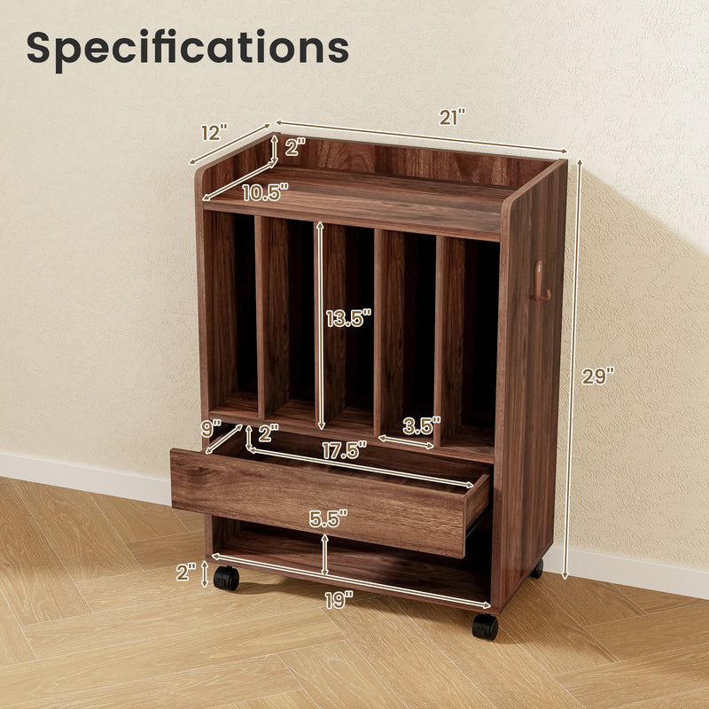 Record Rolling Turntable Player Stand with Drawer-Brown