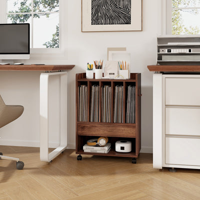 Record Rolling Turntable Player Stand with Drawer-Brown