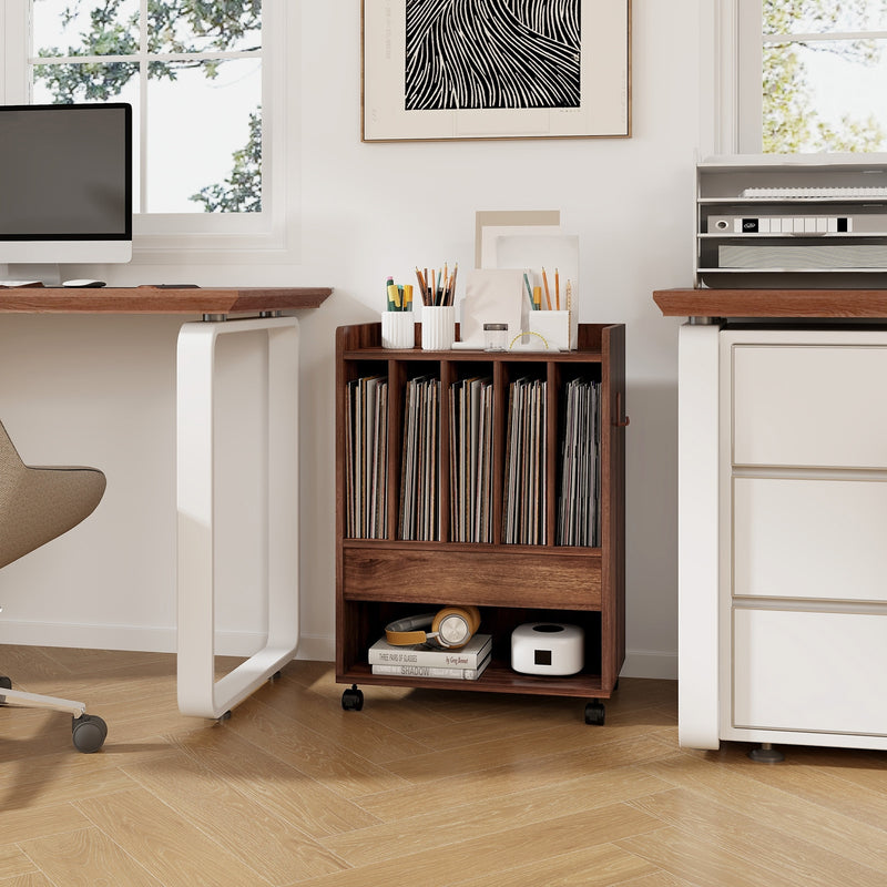 Record Rolling Turntable Player Stand with Drawer-Brown
