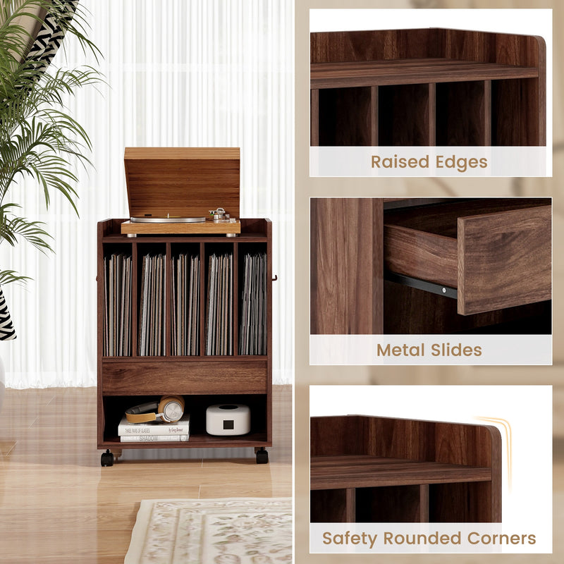 Record Rolling Turntable Player Stand with Drawer-Brown