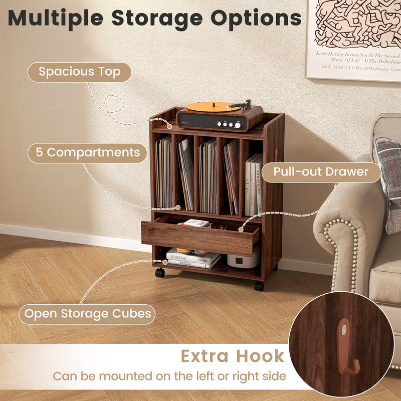 Record Rolling Turntable Player Stand with Drawer-Brown