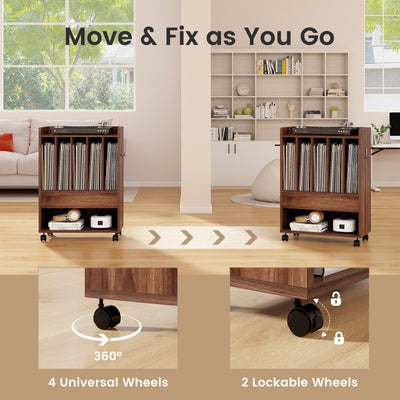 Record Rolling Turntable Player Stand with Drawer-Brown