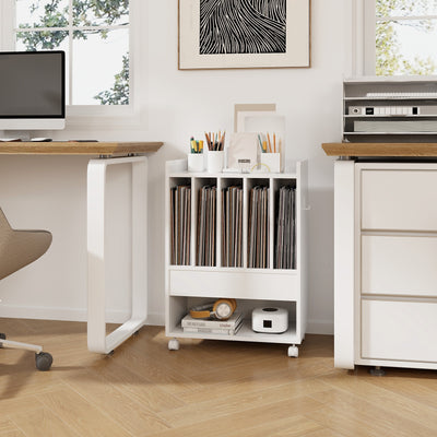 Record Rolling Turntable Player Stand with Drawer-White