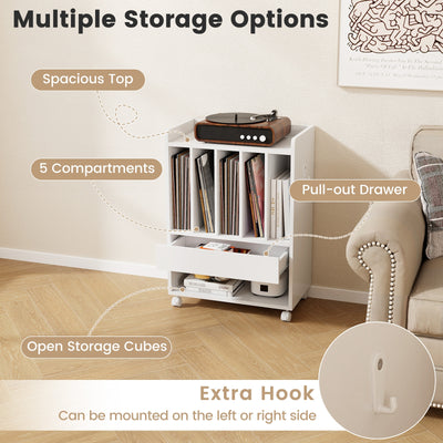 Record Rolling Turntable Player Stand with Drawer-White