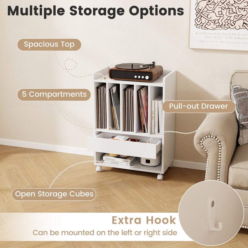 Record Rolling Turntable Player Stand with Drawer-White
