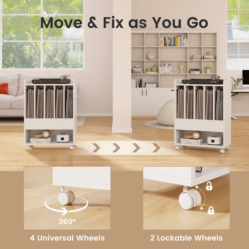 Record Rolling Turntable Player Stand with Drawer-White