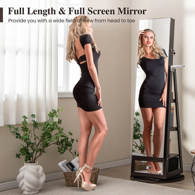 Lockable 360° Swivel Jewelry Cabinet with Full-Length Mirror LED Lights-Dark Brown