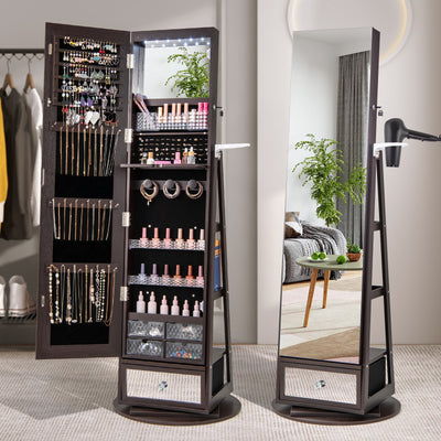Lockable 360° Swivel Jewelry Cabinet with Full-Length Mirror LED Lights-Dark Brown