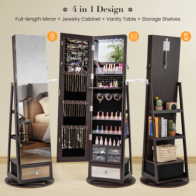 Lockable 360° Swivel Jewelry Cabinet with Full-Length Mirror LED Lights-Dark Brown
