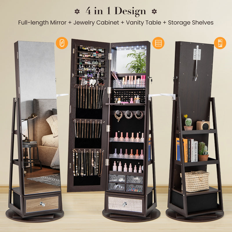 Lockable 360° Swivel Jewelry Cabinet with Full-Length Mirror LED Lights-Dark Brown