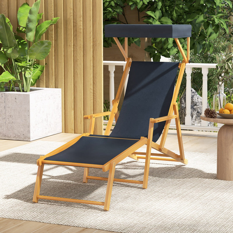 *Birch Wood Chaise Lounge Chair Foldable Beach Chair with Adjustable Canopy - Navy