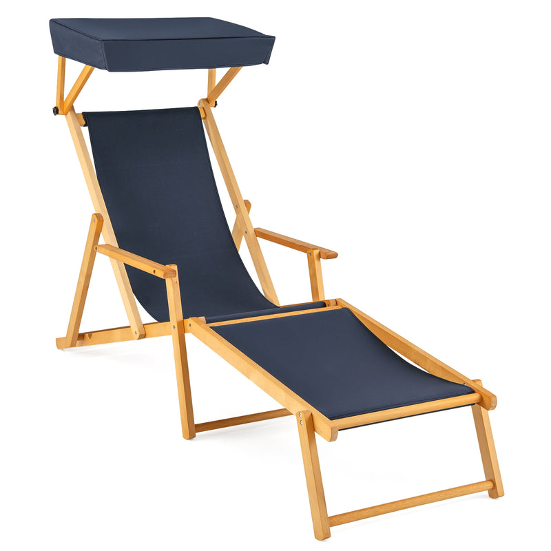 *Birch Wood Chaise Lounge Chair Foldable Beach Chair with Adjustable Canopy - Navy