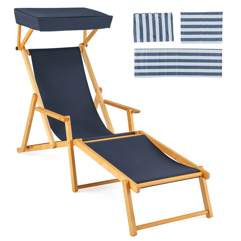 *Birch Wood Chaise Lounge Chair Foldable Beach Chair with Adjustable Canopy - Navy