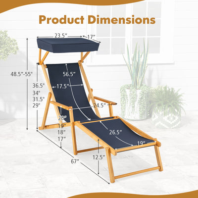 *Birch Wood Chaise Lounge Chair Foldable Beach Chair with Adjustable Canopy - Navy