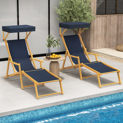 *Birch Wood Chaise Lounge Chair Foldable Beach Chair with Adjustable Canopy - Navy