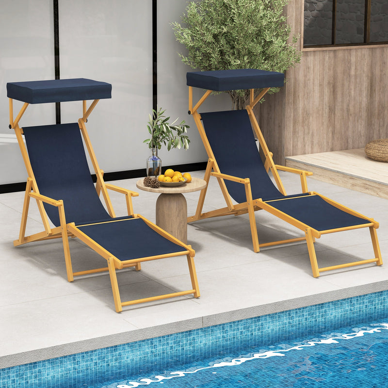 *Birch Wood Chaise Lounge Chair Foldable Beach Chair with Adjustable Canopy - Navy