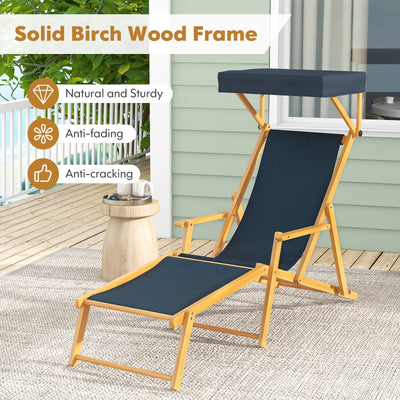 *Birch Wood Chaise Lounge Chair Foldable Beach Chair with Adjustable Canopy - Navy