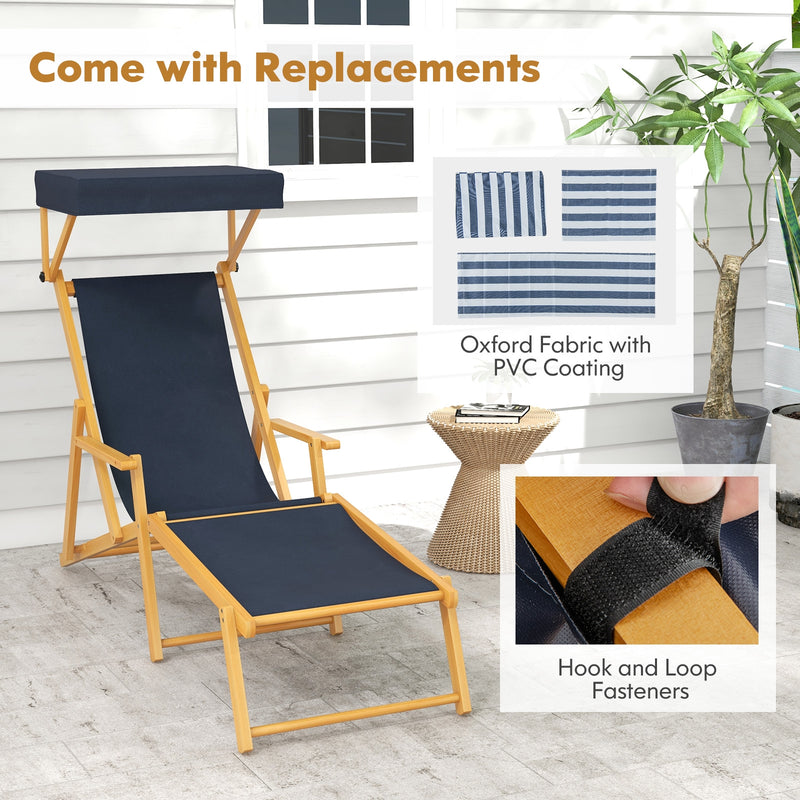 *Birch Wood Chaise Lounge Chair Foldable Beach Chair with Adjustable Canopy - Navy
