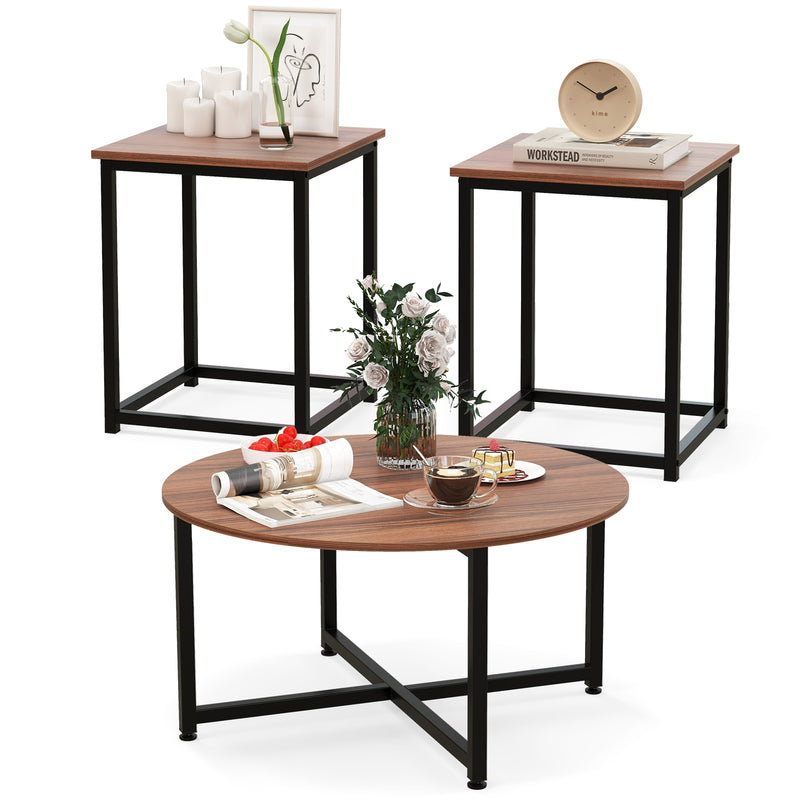 3-Piece Coffee Table Set Round Coffee Table and 2PCS Square End Tables-Walnut and Black
