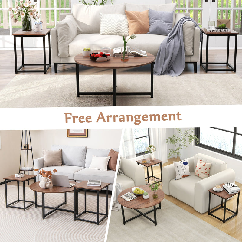 3-Piece Coffee Table Set Round Coffee Table and 2PCS Square End Tables-Walnut and Black