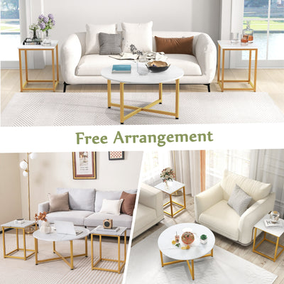 3-Piece Coffee Table Set Round Coffee Table and 2PCS Square End Tables-White and Gold