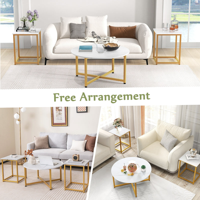 3-Piece Coffee Table Set Round Coffee Table and 2PCS Square End Tables-White and Gold