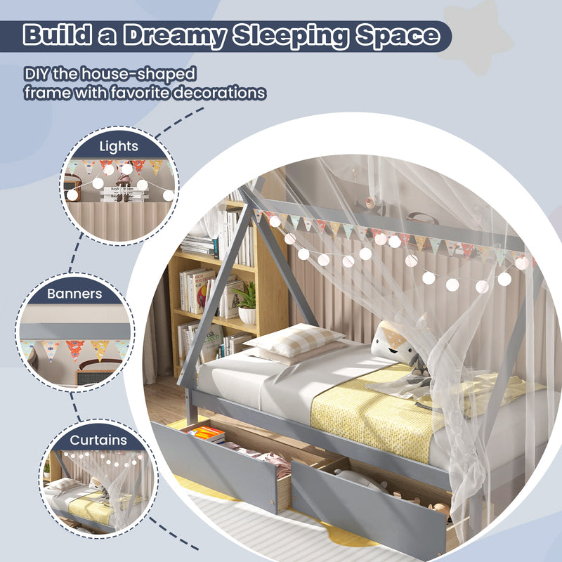 Twin Size Wooden Tent Platform House Bed with 2 Drawers-Gray
