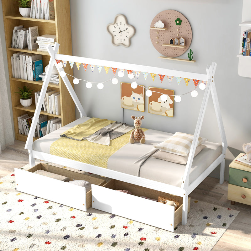 Twin Size Wooden Tent Platform House Bed with 2 Drawers-White