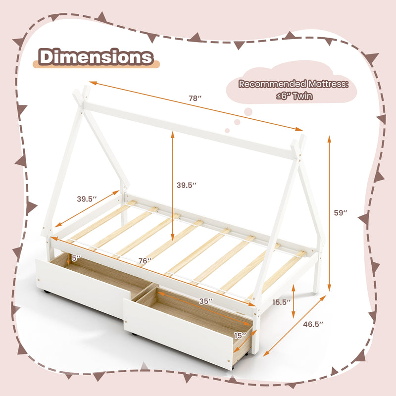 Twin Size Wooden Tent Platform House Bed with 2 Drawers-White