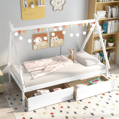 Twin Size Wooden Tent Platform House Bed with 2 Drawers-White