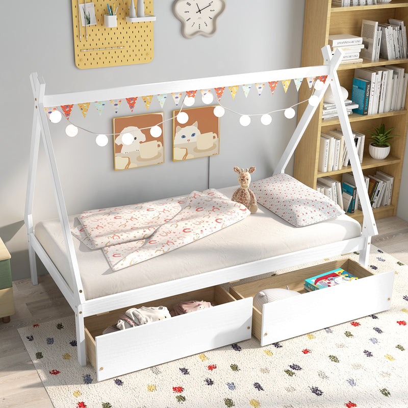 Twin Size Wooden Tent Platform House Bed with 2 Drawers-White