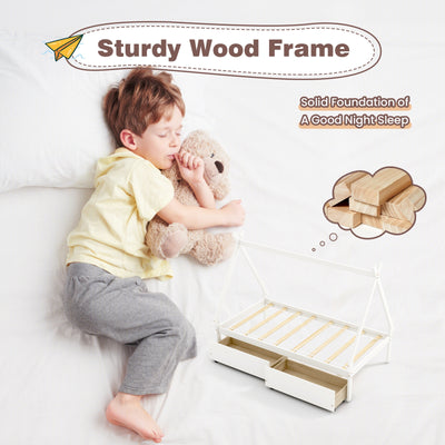 Twin Size Wooden Tent Platform House Bed with 2 Drawers-White