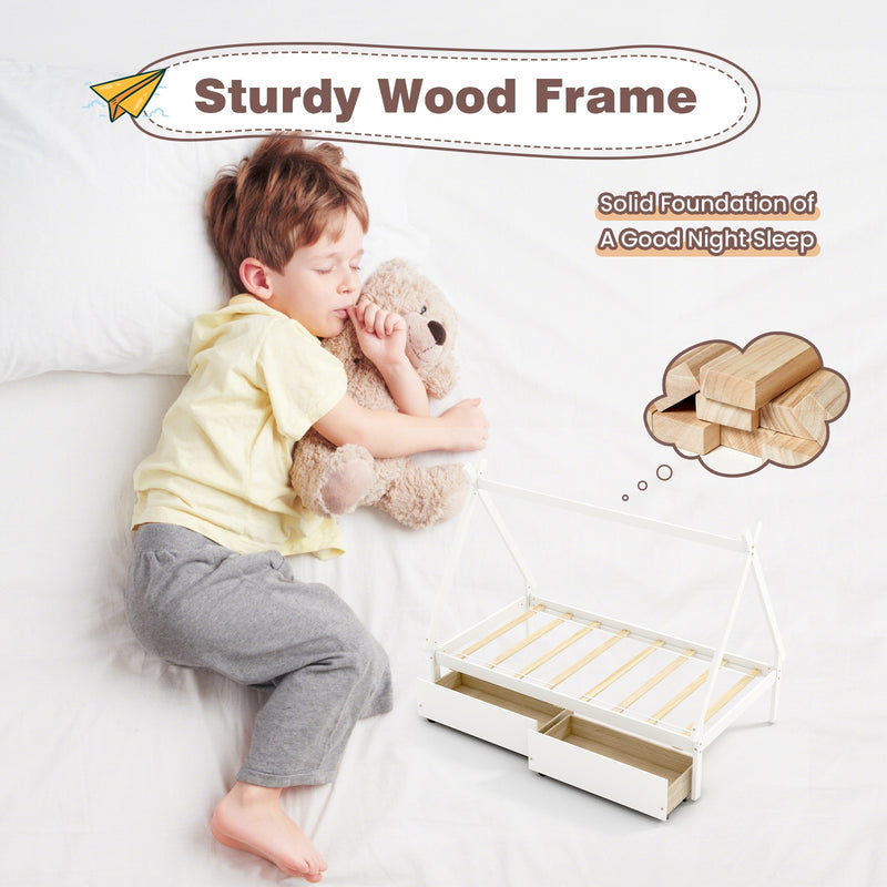 Twin Size Wooden Tent Platform House Bed with 2 Drawers-White